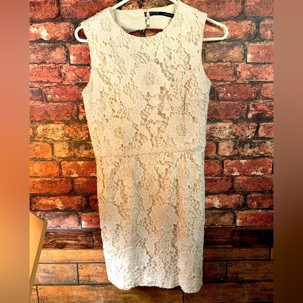 Zara Basics Open Back Lace Overlay Dress- Cream- Size Large